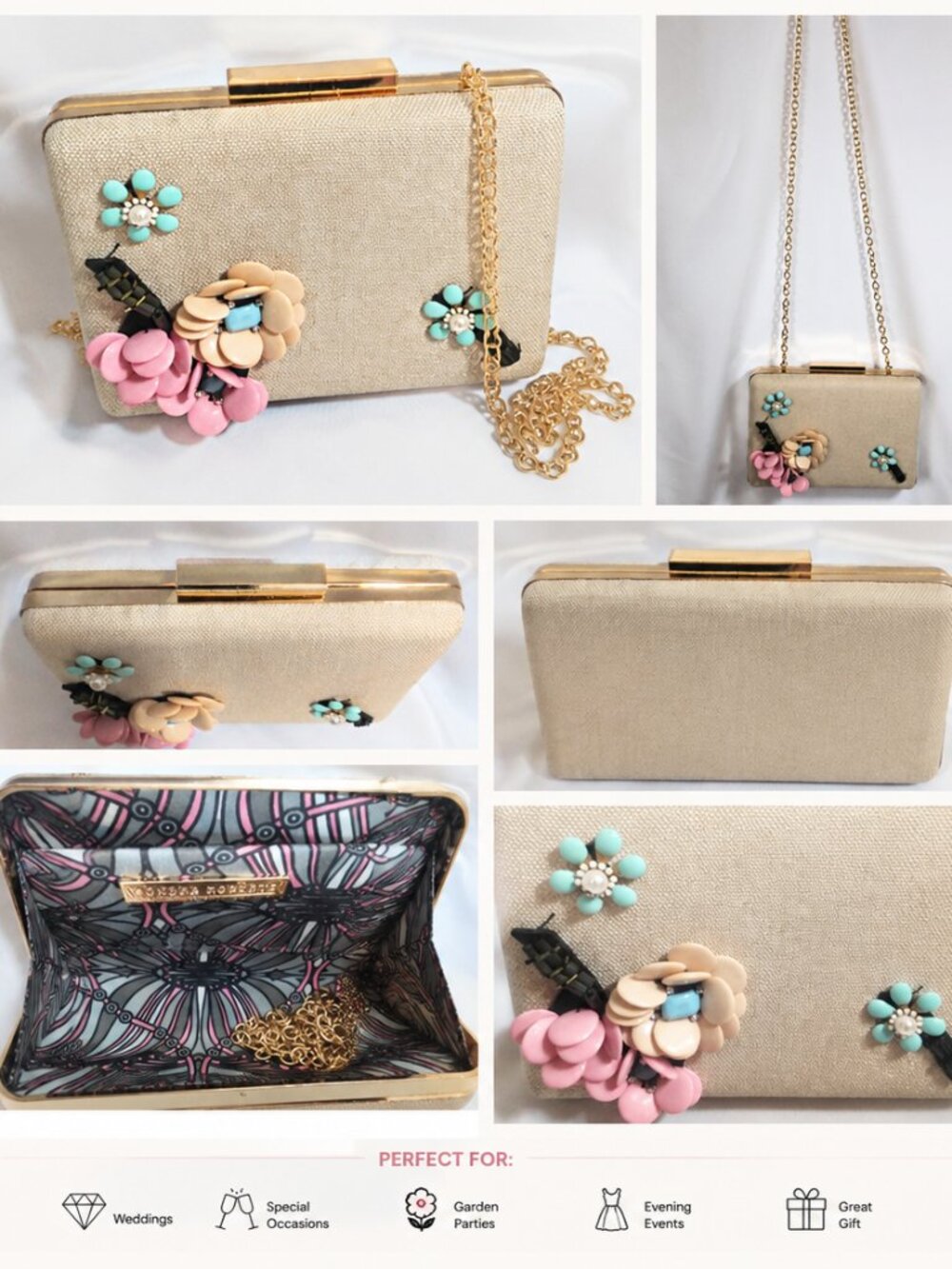 Sondra Roberts Floral Embellished Box Clutch Crossbody Champagne Gold